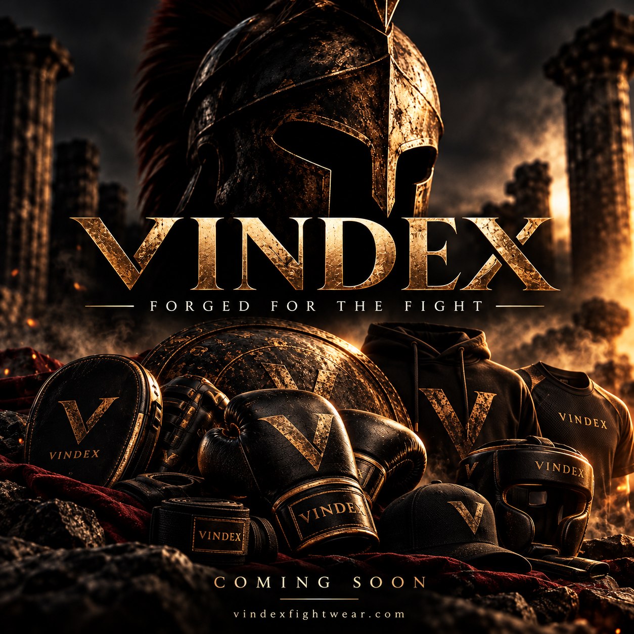 VINDEX — Forged for the Fight. Black and gold boxing gloves, pads, headguard, hoodie and cap. Coming soon at vindexfightwear.com.